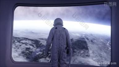 在未来的太空飞船，房间的单独宇航员。<strong>地球</strong>的视图。电影 4 k 片段.